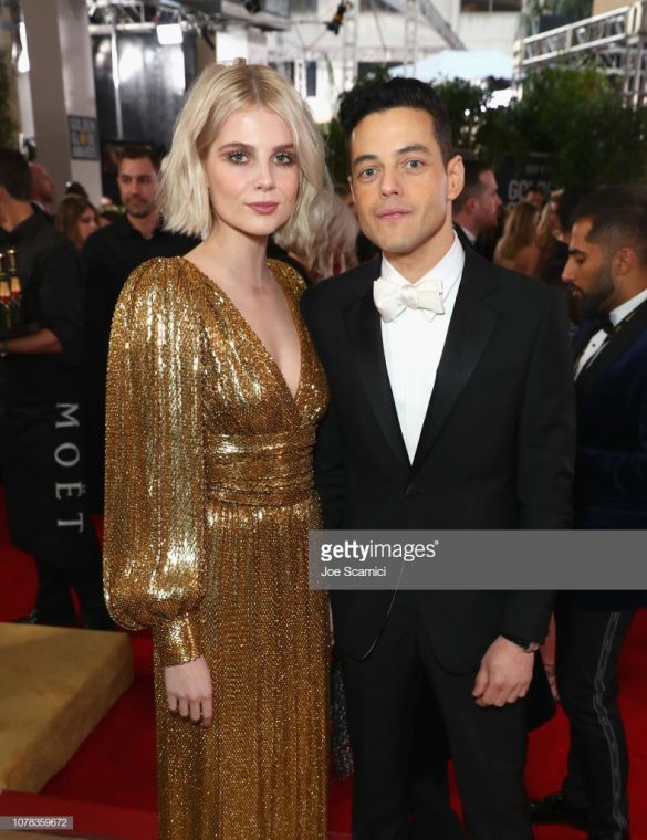 BEVERLY HILLS, CA - JANUARY 06:  (L) Rami Malek and Lucy Boynton attend Moet & Chandon at The 76th Annual Golden Globe Awards at The Beverly Hilton Hotel on January 6, 2019 in Beverly Hills, California.  (Photo by Joe Scarnici/Getty Images for Moet & Chandon)